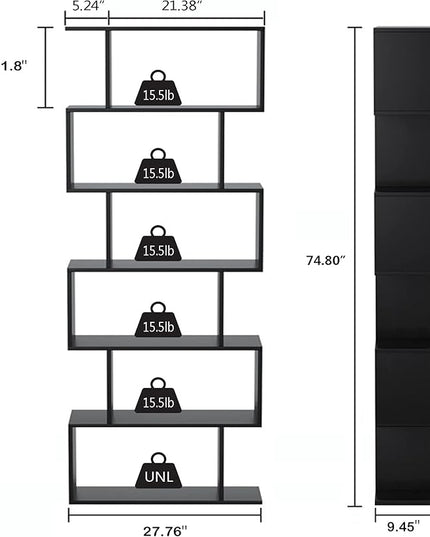 Yusong Bookshelf 6-Tier, Geometric Bookcase S Shaped Book Shelves for Bedroom, Modern Wood Decorative Display Shelf Tall Book Case for Home Office, Black - LeafyLoom