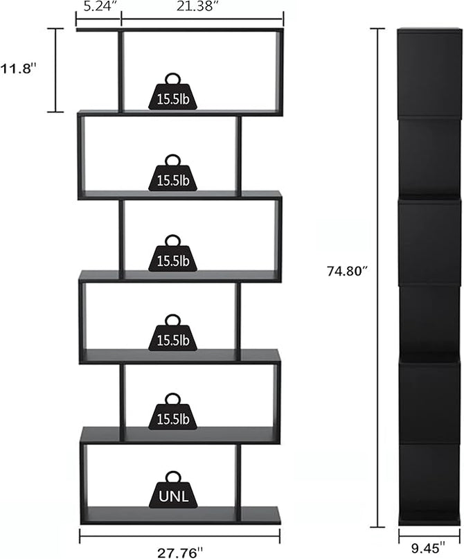 Yusong Bookshelf 6-Tier, Geometric Bookcase S Shaped Book Shelves for Bedroom, Modern Wood Decorative Display Shelf Tall Book Case for Home Office, Black - LeafyLoom