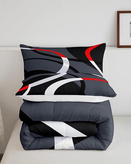 Geometric Circle Comforter Set Red Grey and Black Comforter for Kids Boys Girls Teens Geometry Bedding Set Breathable Abstract Art Duvet Set Modern Luxury Room Decor Quilt Set Full Size - LeafyLoom