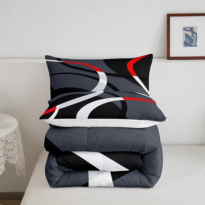 Geometric Circle Comforter Set Red Grey and Black Comforter for Kids Boys Girls Teens Geometry Bedding Set Breathable Abstract Art Duvet Set Modern Luxury Room Decor Quilt Set Full Size - LeafyLoom