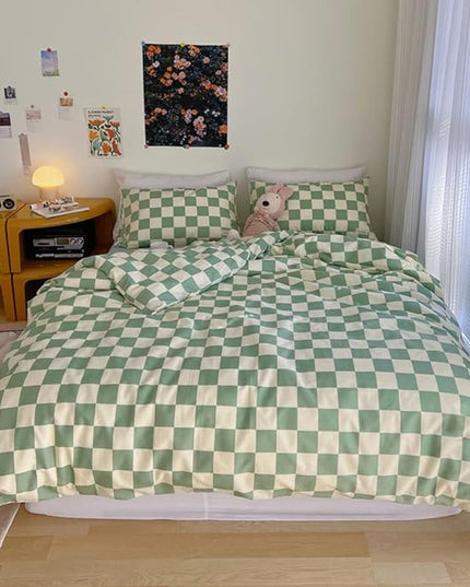 Wellboo Green and White Comforter Sets Twin Women Men Sage Green Checkerboard Grid Bedding Comforters Cotton Boys Girls Modern Grass Green Plaid Checkered Quilts Modern Buffalo Geometric Abstract Bed - LeafyLoom