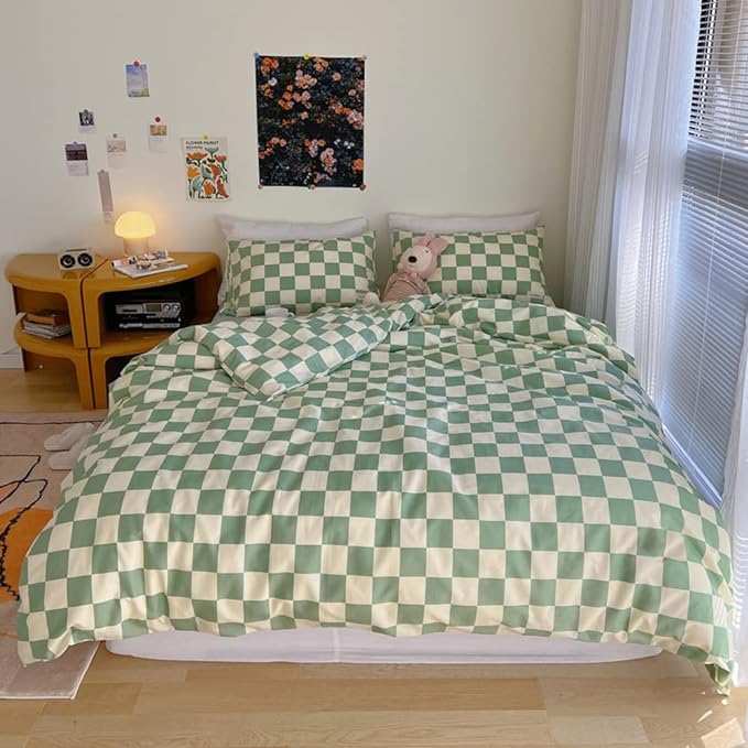 Wellboo Green and White Comforter Sets Twin Women Men Sage Green Checkerboard Grid Bedding Comforters Cotton Boys Girls Modern Grass Green Plaid Checkered Quilts Modern Buffalo Geometric Abstract Bed - LeafyLoom