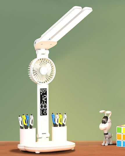 Desk lamp, LED Desk Lamps with Fans, USB Charging Port, Adjustable Foldable Table Lamp with Clock, Date, Fan, Pen Holder, Temperature, Step-less dimming Lighting, Home Office Desk Lamp - LeafyLoom