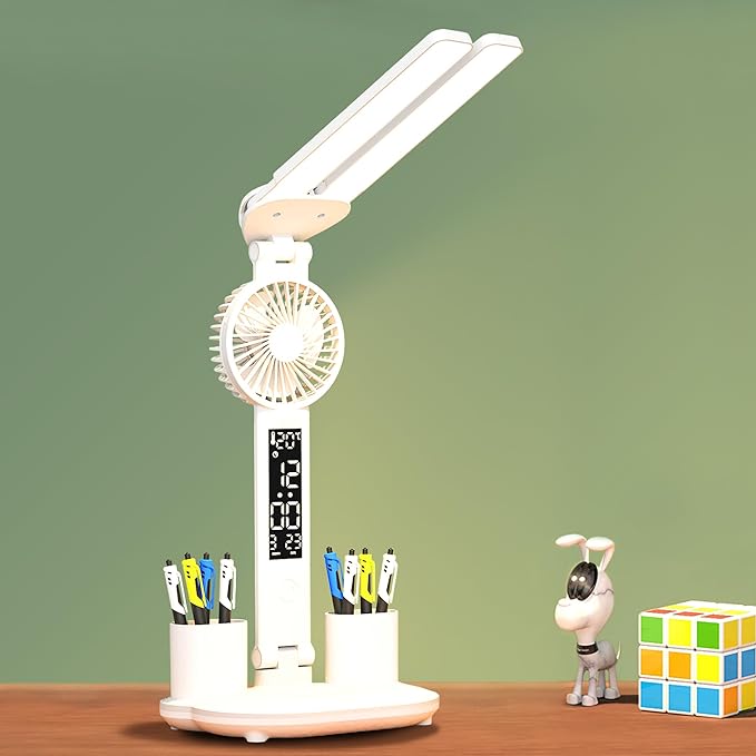 Desk lamp, LED Desk Lamps with Fans, USB Charging Port, Adjustable Foldable Table Lamp with Clock, Date, Fan, Pen Holder, Temperature, Step-less dimming Lighting, Home Office Desk Lamp - LeafyLoom