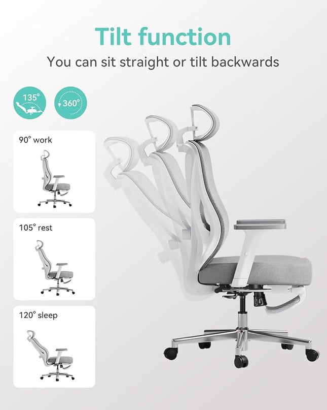 Hbada Ergonomic Office Chair, Desk Chair with Adjustable Lumbar Support and Height, Comfortable Mesh Computer Chair with Footrest 2D Headrest, Swivel Tilt Function White - LeafyLoom