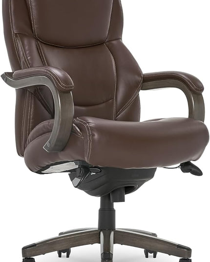 La-Z-Boy Delano Big & Tall Executive Office Chair | High Back Ergonomic Lumbar Support, Bonded Leather, Brown with Weathered Gray Wood | - LeafyLoom