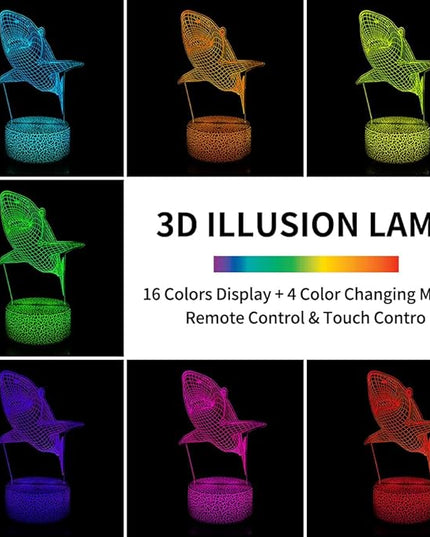 3D Night Light Shark Illusion Lamp with 16 Colors Remote Control Changing Lights LED Table Lamp Shark Lover for Bedroom Decor - LeafyLoom