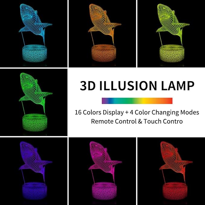 3D Night Light Shark Illusion Lamp with 16 Colors Remote Control Changing Lights LED Table Lamp Shark Lover for Bedroom Decor - LeafyLoom