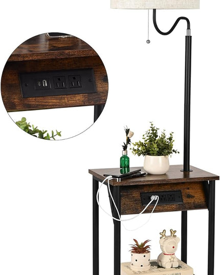 FIMEI Floor Lamp with Table, End Table with Charging Station USB Ports & Outlets, Bedside Table 3 Color Temperature Reading Light, Nightstand with Shelves for Living Room, Bedroom, Apartment - LeafyLoom