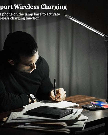 LED Desk Lamp with Wireless Charger, Desk Lamp for college dorm room with 5 Color Modes & Fully Dimming Function, Eye Caring Table Lamps for Study, Office Lamp with Adjustable Arm, Auto Timer 30/60min - LeafyLoom
