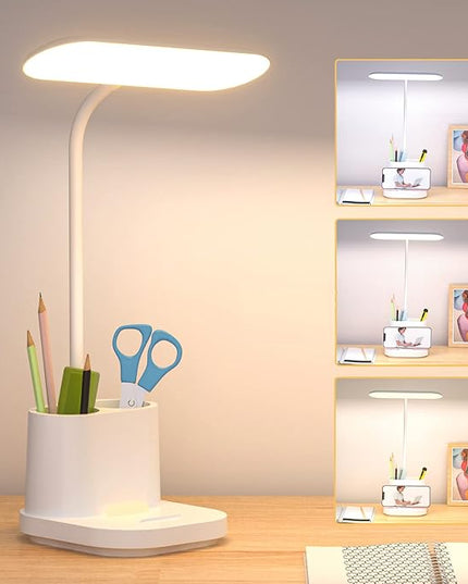 YOUKOYI LED Desk Lamps for Home Office, Rechargeable Battery Operated Desk Lamp with Touch Control, Stepless Dimming, 3 Color Modes, Pen Holder and Night Light- Gooseneck Desk light for Study, Reading - LeafyLoom