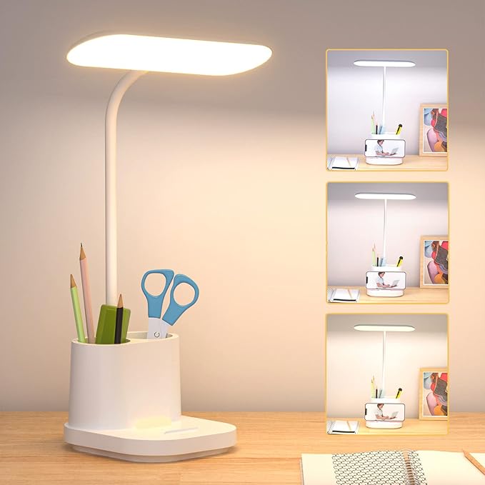 YOUKOYI LED Desk Lamps for Home Office, Rechargeable Battery Operated Desk Lamp with Touch Control, Stepless Dimming, 3 Color Modes, Pen Holder and Night Light- Gooseneck Desk light for Study, Reading - LeafyLoom
