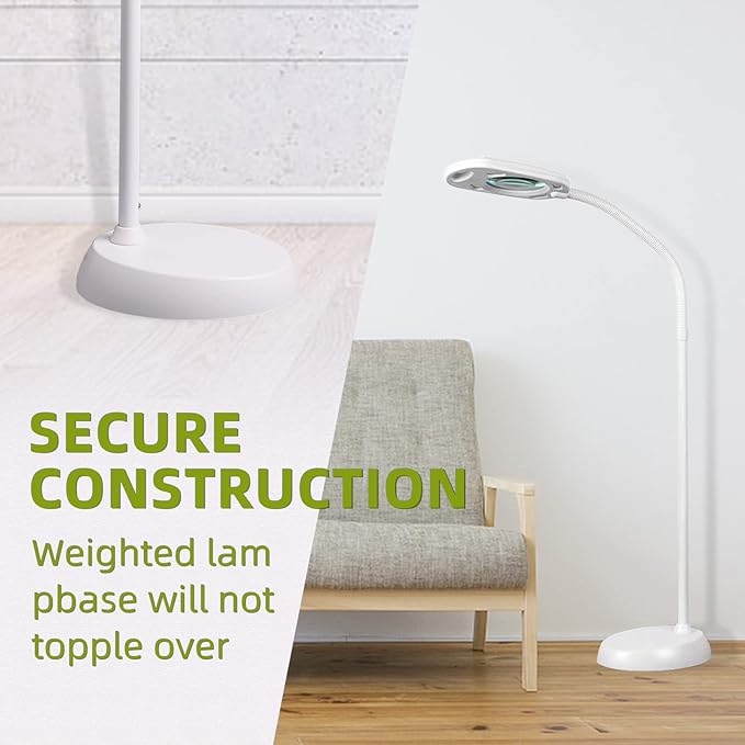 2 in 1 Magnifying Floor Lamp 5X & Bright LED Floor Lamp Hand Free with Adjustable Gooseneck - Magnifier Daylight Work Light for Reading, Repair, Crafts, Sewing etc.(White) - LeafyLoom