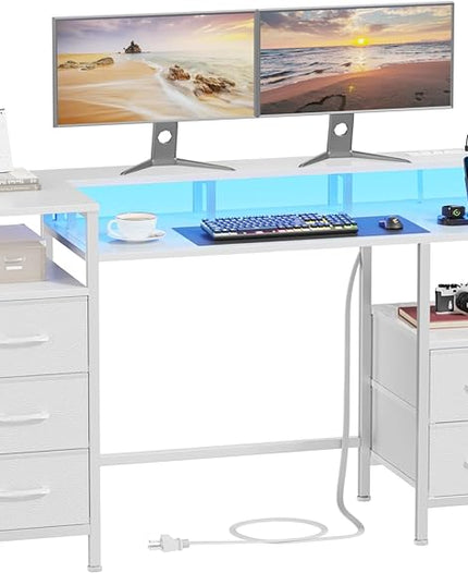 White Computer Desk with Power Outlets & LED Lights, Gaming Desk with 5 Fabric Storage Drawers, 47 Inch Home Office Desk with Monitor Stand Shelves for Working, Modern Vanity Desk for Bedroom - LeafyLoom