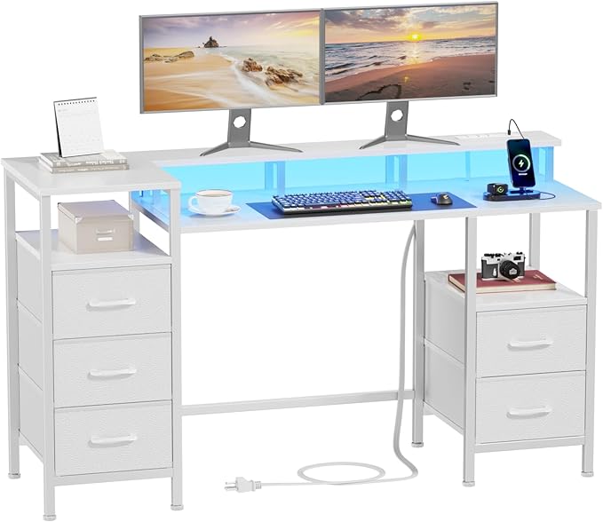White Computer Desk with Power Outlets & LED Lights, Gaming Desk with 5 Fabric Storage Drawers, 47 Inch Home Office Desk with Monitor Stand Shelves for Working, Modern Vanity Desk for Bedroom - LeafyLoom
