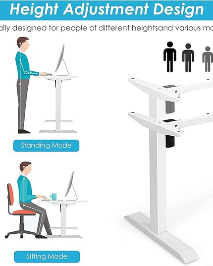 Electric, Single Motor Height Adjustable 2 Button Controller, Table Base for Work Home Office Computer Workstation Standing Desk Frame, White - LeafyLoom