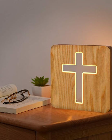 Lampeez Jesus Cross Wooden Lamp Novelty Night Light 3D Illusion lamp for Kids, Kids Decoration Lamp USB Power Bedroom Decor Xmas Holiday Birthday Gifts for Boy Girl - LeafyLoom