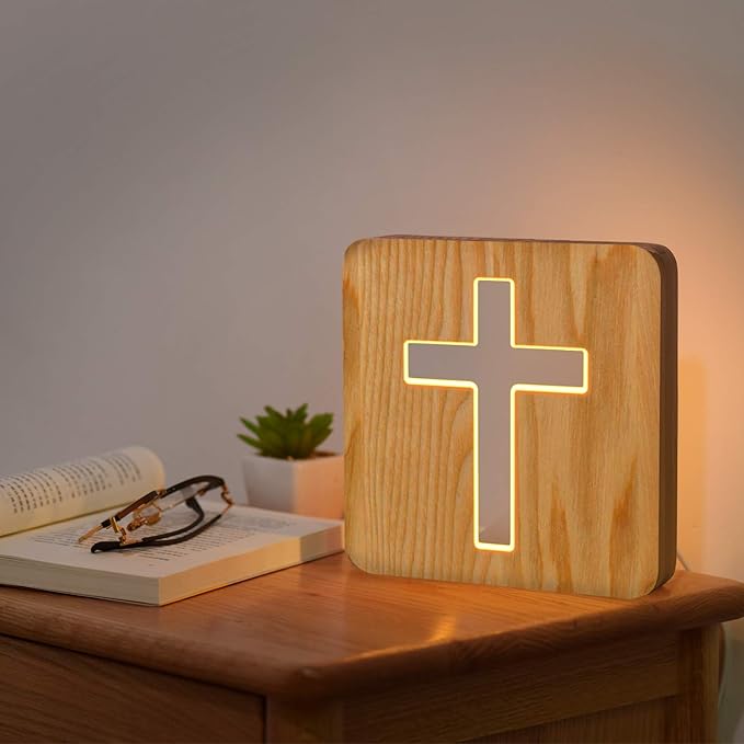 Lampeez Jesus Cross Wooden Lamp Novelty Night Light 3D Illusion lamp for Kids, Kids Decoration Lamp USB Power Bedroom Decor Xmas Holiday Birthday Gifts for Boy Girl - LeafyLoom