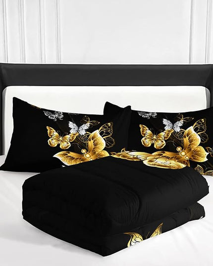Butterfly Comforter Set for Adults Black and Gold Butterfly Bedding Set Aesthetics Butterflies Quilt Duvet Set Full Size with 1 Comforter and 2 Pillowcases - LeafyLoom