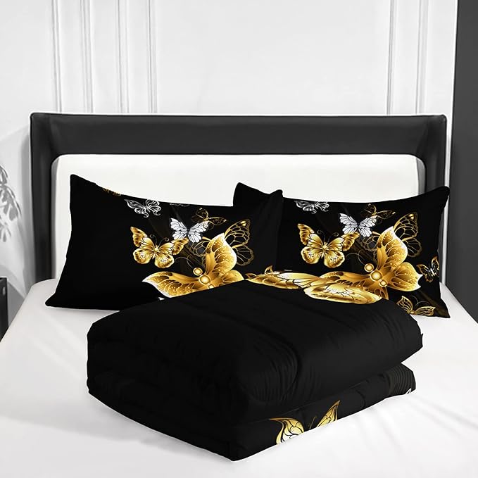 Butterfly Comforter Set for Adults Black and Gold Butterfly Bedding Set Aesthetics Butterflies Quilt Duvet Set Full Size with 1 Comforter and 2 Pillowcases - LeafyLoom