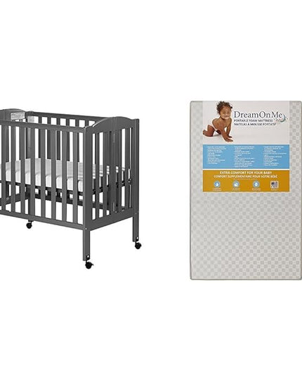 3 in 1 Portable Folding Stationary Side Crib with Dream On Me 3 Portable Crib Mattress, White - LeafyLoom