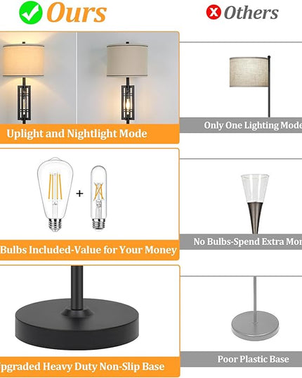 Farmhouse Floor Lamp with Night Light, Black Standing Lamp for Living Room, 2 E26 LED Bulbs Included, Industrial Floor Reading Lamp with Beige Fabric Lampshade, 64” Tall Lamp for Bedroom Office Corner - LeafyLoom
