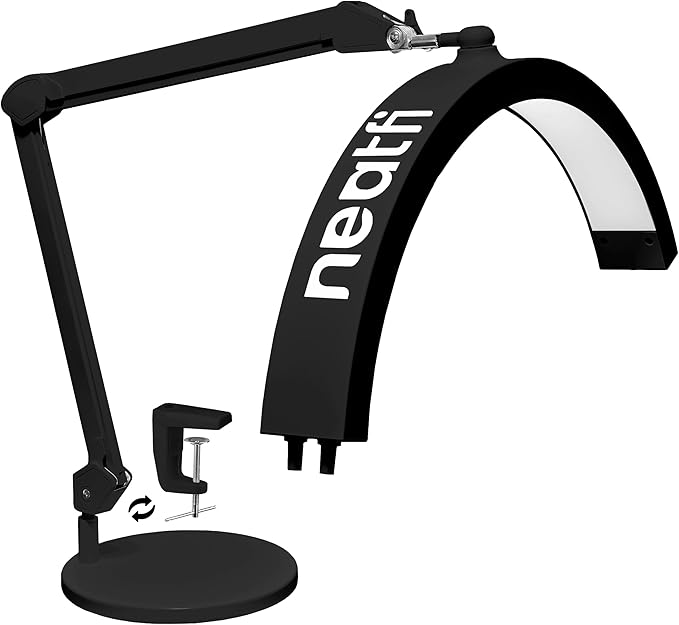 Neatfi Half Moon Swing Arm Table Lamp, 2500 Lumens, CCT Dimming, 5 Light Modes, Professional LED Lighting for Estheticians, Ideal for Nail Art, Facials, and Tattoos (with Base and Clamp, Black) - LeafyLoom