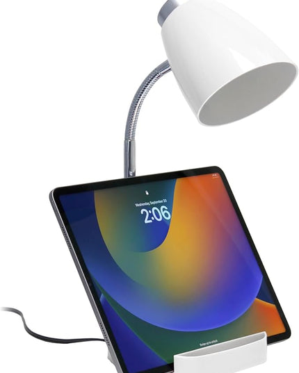 Simple Designs LD1002-WHT Gooseneck Organizer Desk Lamp with iPad Tablet Stand Book Holder, White - LeafyLoom