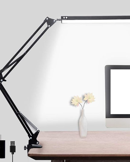 LED Desk Lamp, Adjustable Swing Arm Lamp with Clamp, Eye-Caring Reading Light, 10 Brightness Levels, 3 Lighting Modes, Memory Function Lamps for Home Office Adapter (Black) - LeafyLoom