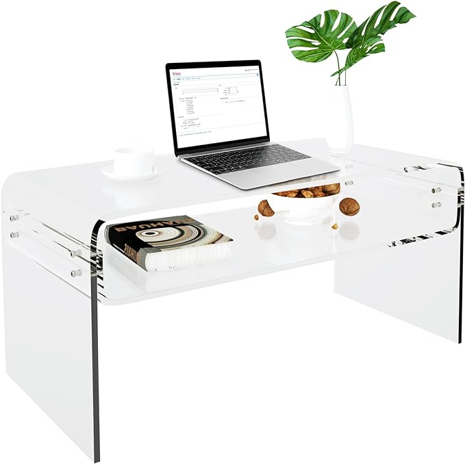 Acrylic Coffee Table, 31.5" Clear Coffee Table with Storage Shelf, Rectangle Centre Table, Modern Coffee Table for Living Room, Office，31.5" L x 15.8" W x 15" H - LeafyLoom