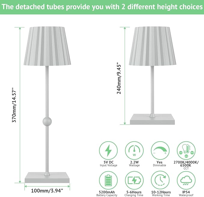 GGOYING Battery Operated Table Lamp,5200mAh Cordless Portable LED Lamp with 3 Temperature, Stepless Dimmable Minimalist Battery LED Night Light Camping(Gray) - LeafyLoom