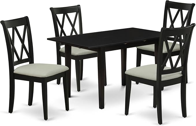East West Furniture NOCL5-BLK-C 5 Piece Dining Table Set for 4 Includes a Rectangle Kitchen Table with Butterfly Leaf and 4 Linen Fabric Kitchen Dining Chairs, 32x54 Inch, Black - LeafyLoom