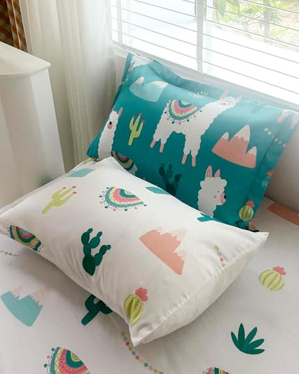 Wajade Kids Llama Comforter Set Bed in A Bag Queen Size 7 Piece Cute Alpaca Tropical Plant Cactus Bedding Set for Girls Boys (1 Comforter, 1 Flat Sheet, 1 Fitted Sheet, 2 Pillowcase and 2 Pillow Sham) - LeafyLoom