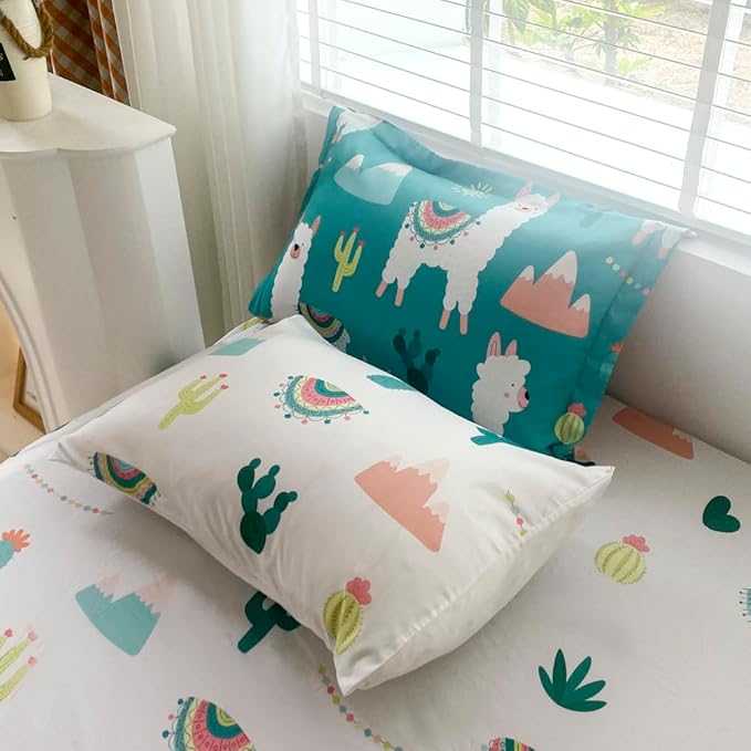 Wajade Kids Llama Comforter Set Bed in A Bag Queen Size 7 Piece Cute Alpaca Tropical Plant Cactus Bedding Set for Girls Boys (1 Comforter, 1 Flat Sheet, 1 Fitted Sheet, 2 Pillowcase and 2 Pillow Sham) - LeafyLoom