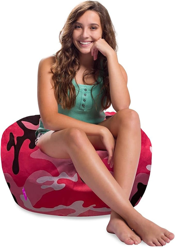 Posh Creations Structured Comfy Bean Bag Chair for Gaming, Reading and Watching TV, 100in Round Classic Chair, Nylon - Camo Pink and Black - LeafyLoom