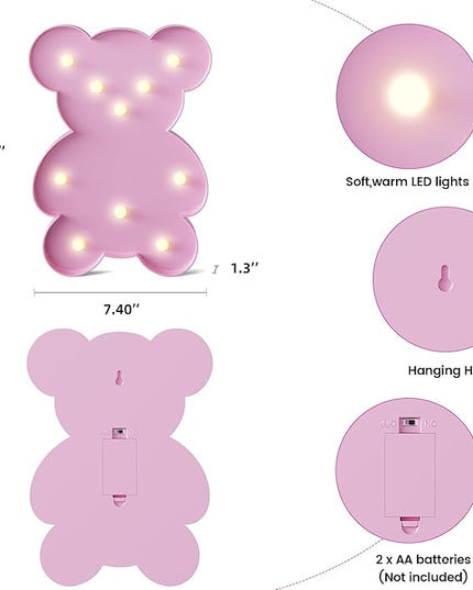 Pink Bear Decor, Battery Powered Bear Night Light for Kids, Pink Party Decorations, Baby Night Light for Bedroom, Toddler Night Lights, Pink kids room decor for Bedroom - LeafyLoom