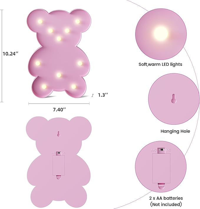 Pink Bear Decor, Battery Powered Bear Night Light for Kids, Pink Party Decorations, Baby Night Light for Bedroom, Toddler Night Lights, Pink kids room decor for Bedroom - LeafyLoom