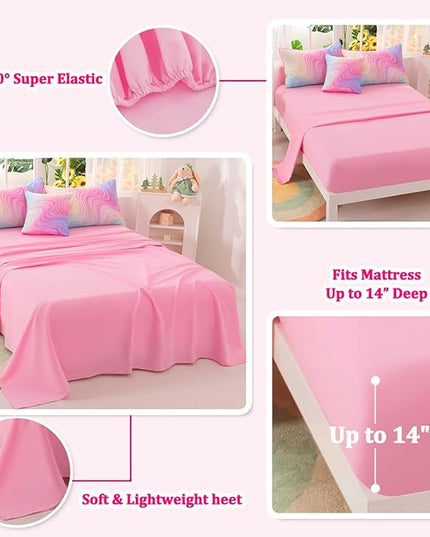 Girls Full Bedding Sets, 6 Pcs Pink Full Szie Comforter Set with Sheets, Tie Dye Superior Blue Pink Rainbow Bedding Set for Girls Kids - LeafyLoom