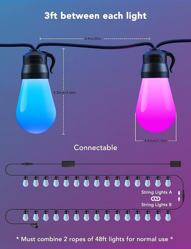 Govee Smart Outdoor String Lights H7021, RGBIC Warm White 96ft (2 Ropes of 48ft) LED Bulbs for Halloween Decorations, Christmas, WiFi Patio Lights Work with Alexa, Google, APP Control, IP65 Waterproof Govee