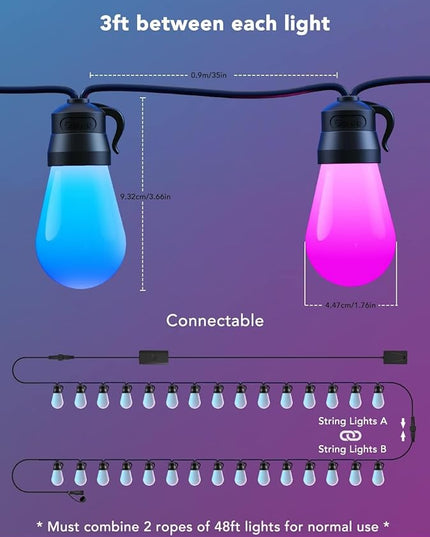 Govee Smart Outdoor String Lights H7021, RGBIC Warm White 96ft (2 Ropes of 48ft) LED Bulbs for Outdoor Decorations, WiFi Patio Lights Work with Alexa, Google, APP Control, IP65 Waterproof Govee