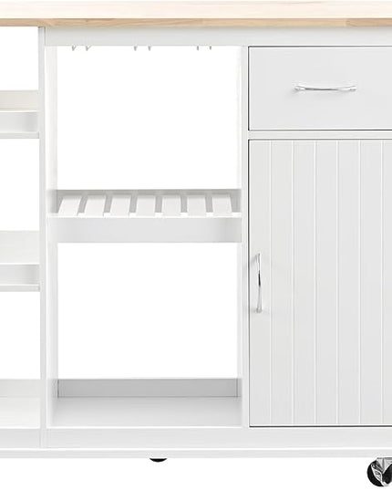 40Inch Kitchen Cart with Adjustable Cabinet Shelves, Rubber Wood Top, 5 Wheels, Mobile Storage Island w/Wine Rack,Spice Rack, for Dining Room, Home Bar - LeafyLoom