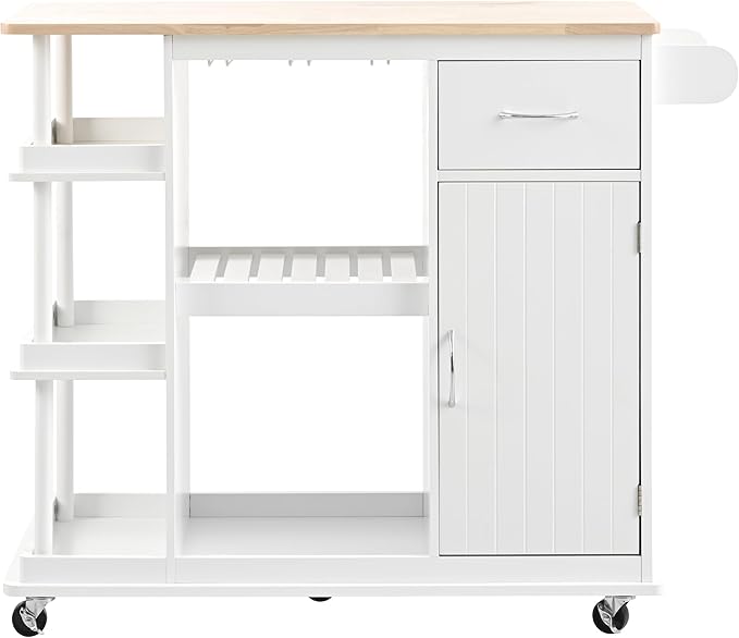 40Inch Kitchen Cart with Adjustable Cabinet Shelves, Rubber Wood Top, 5 Wheels, Mobile Storage Island w/Wine Rack,Spice Rack, for Dining Room, Home Bar - LeafyLoom