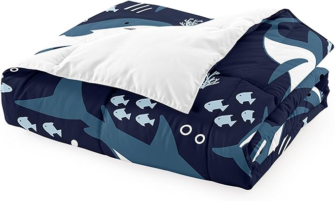 Shark Comforter Set for Bedroom - 3Pcs Boys Shark Bedding Set for Bedroom Cute Cartoon Shark Comforter Set for Kids Sea Animals Theme Boys Room Decor with 1 Comforter + 2 Pillowcases, Queen Size - LeafyLoom