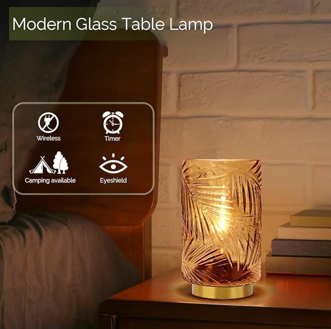 Battery Operated Lamp with Timer, Glass Cordless Lamps Beside Table Light,Small Lamp with for Home Decorative Living Corner Bedroom - LeafyLoom