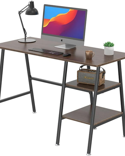 VECELO 43 Inch Computer Desk Writing Study Work Office Table Modern desk with shelves wooden desk for Home Bedroom,Brown Desk - LeafyLoom