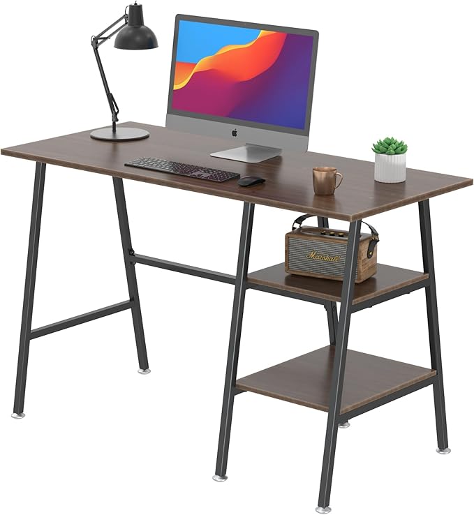 VECELO 43 Inch Computer Desk Writing Study Work Office Table Modern desk with shelves wooden desk for Home Bedroom,Brown Desk - LeafyLoom