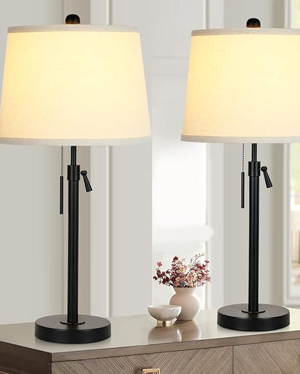 Bedside Table Lamps Set of 2: Tall Black Table Lamps for Living Room End Table | Height Adjustable 3-Way Dimmable Nightstand Lamp with Pull Chain Switch Modern Lamps for Bedroom Office(Bulbs Included) - LeafyLoom