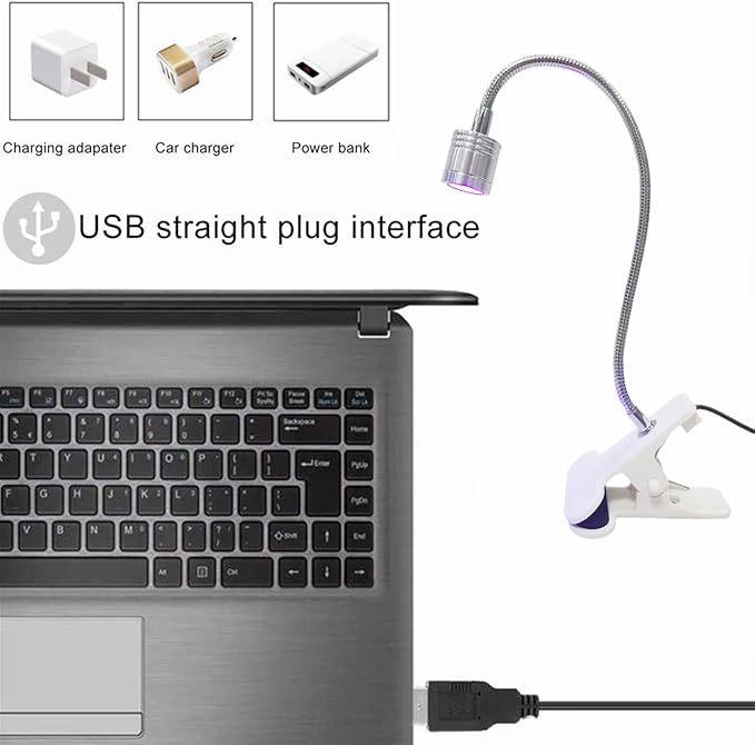 UV LED Light Fixtures with Gooseneck and Clamp Mini Desk Light Clamp Portable Gooseneck for Outdoor Stall Gel Nail Curing, 5V USB Input (Silver,long Head) - LeafyLoom