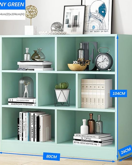 IOTXY Open Shelf Low Bookcase - Wooden 3-Tier Floor Standing Display Cabinet Organizer with Base, 7 Cubes Short Horizontal Bookshelf in Tiffany-Green - LeafyLoom