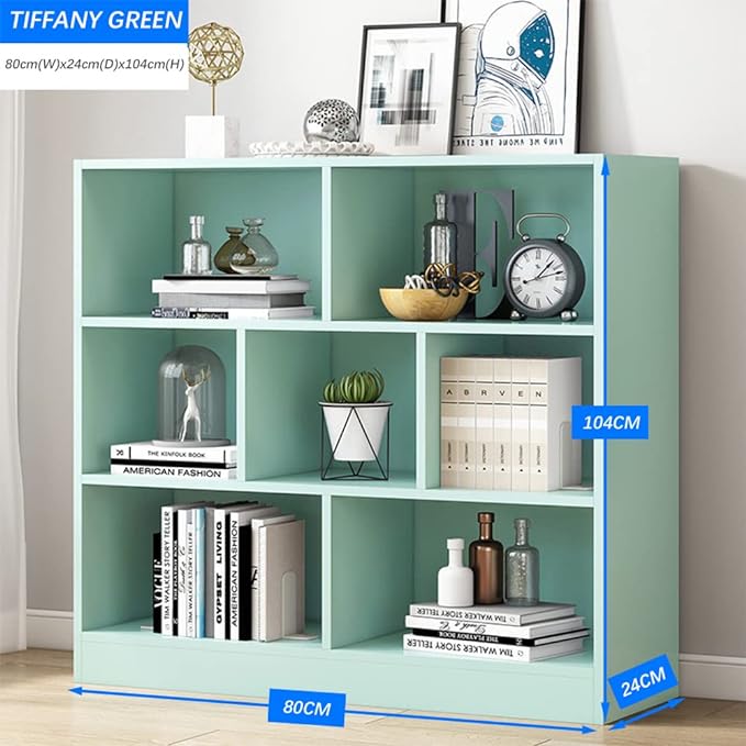 IOTXY Open Shelf Low Bookcase - Wooden 3-Tier Floor Standing Display Cabinet Organizer with Base, 7 Cubes Short Horizontal Bookshelf in Tiffany-Green - LeafyLoom
